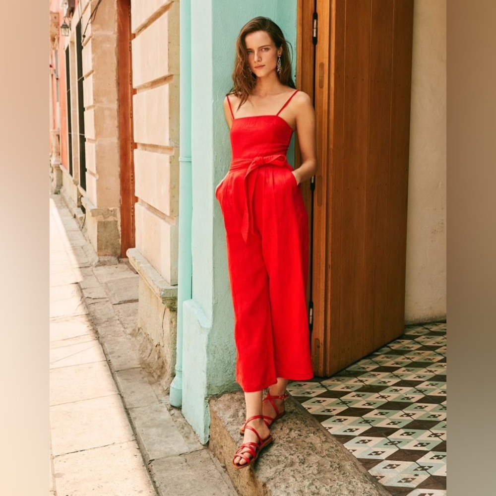 J Crew Linen Blend Jumpsuit Wide Leg Belted Sz 14 NEW Red